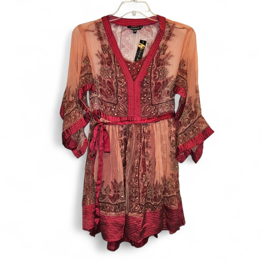 Chaudry Kaftan Slip Dress Small Red Embroidered Mesh Flowy Sleeves Beaded Boho - Picture 3 of 15